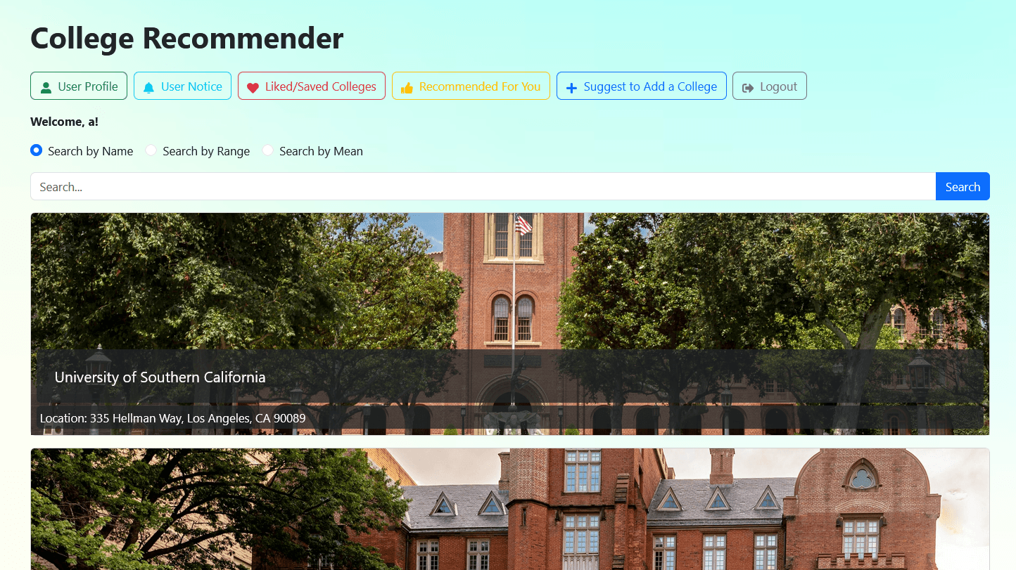 College Recommender screenshot Zihe Peter Zhang